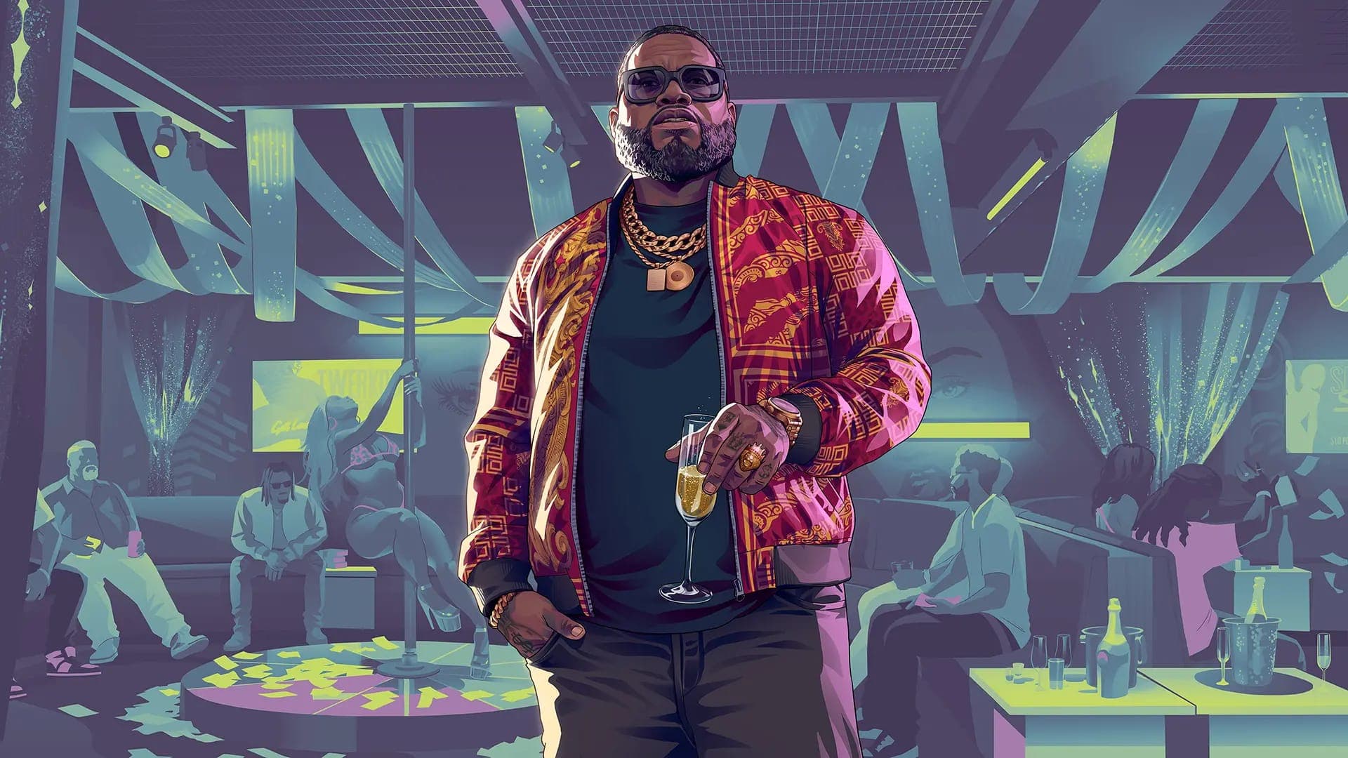 Boobie Ike dans un club de Vice City, blouson Versace rouge et chaîne en or, flûte de champagne — artwork officiel Rockstar Games pour GTA 6