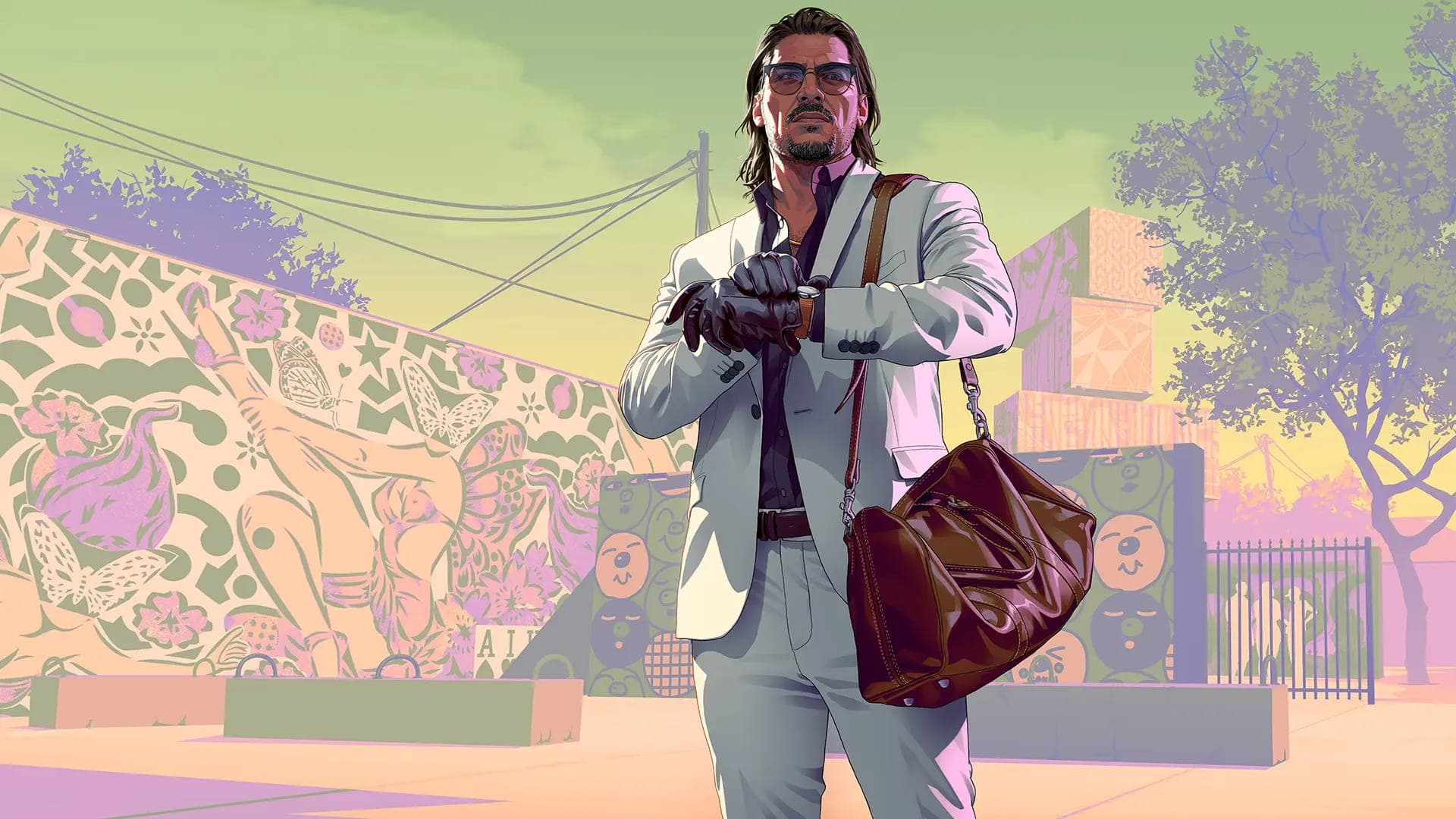Brian Heder en costume crème avec sacoche en cuir et gants noirs, devant un mur graffiti à Vice City — artwork officiel Rockstar Games pour GTA 6