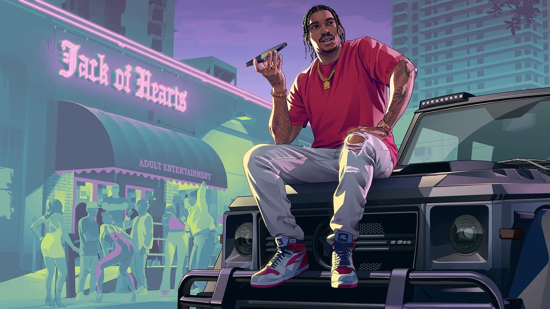 Drequan Priest devant le club Jack of Hearts à Vice City, dreadlocks et chaîne en or, sur un G-Wagon — artwork officiel Rockstar Games pour GTA 6