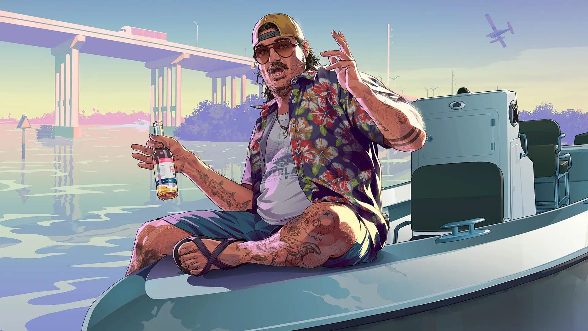 Jason Duval sur un bateau dans Vice City, chemise hawaiienne et bière — artwork officiel Rockstar Games pour GTA 6