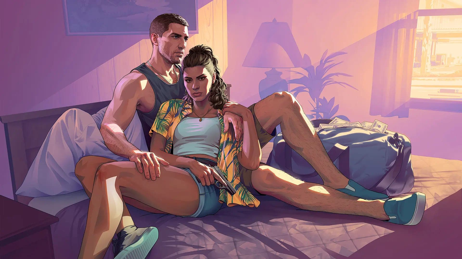 Jason Duval et Lucia Caminos sur un lit à Vice City, sac de cash et pistolet — artwork officiel Rockstar Games pour GTA 6