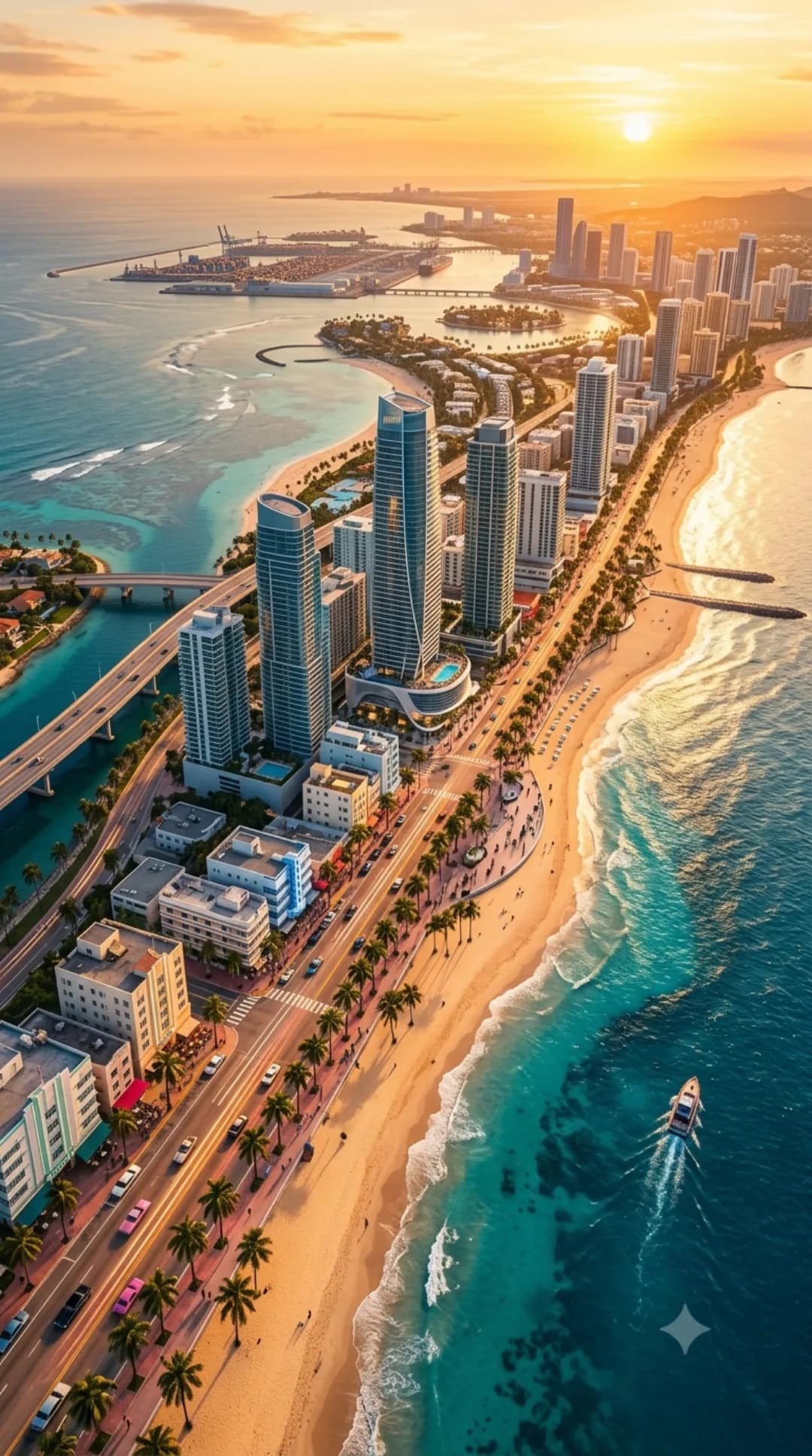 Vue aérienne du littoral de Leonida au coucher du soleil, ambiance Vice City