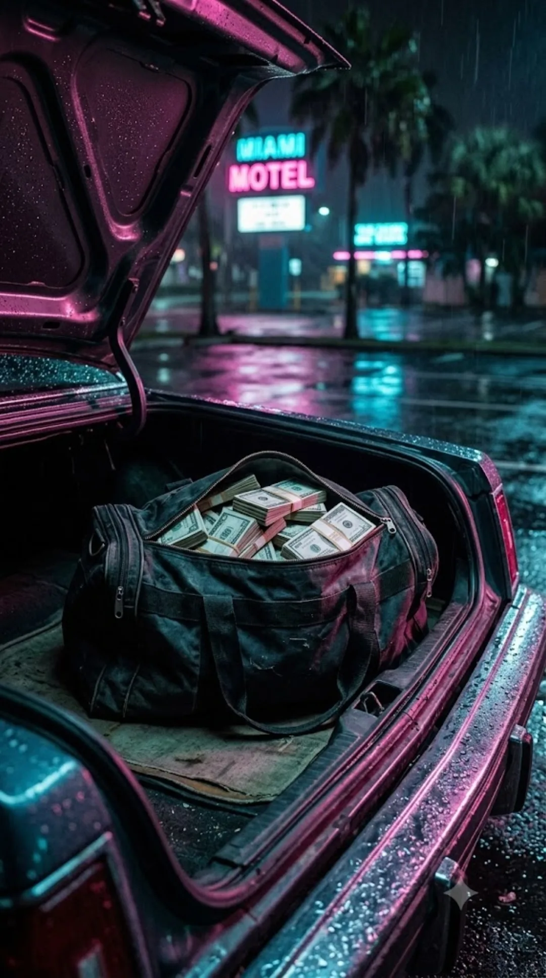 Sac de billets dans le coffre d'une voiture, motel de Miami sous la pluie, ambiance braquage