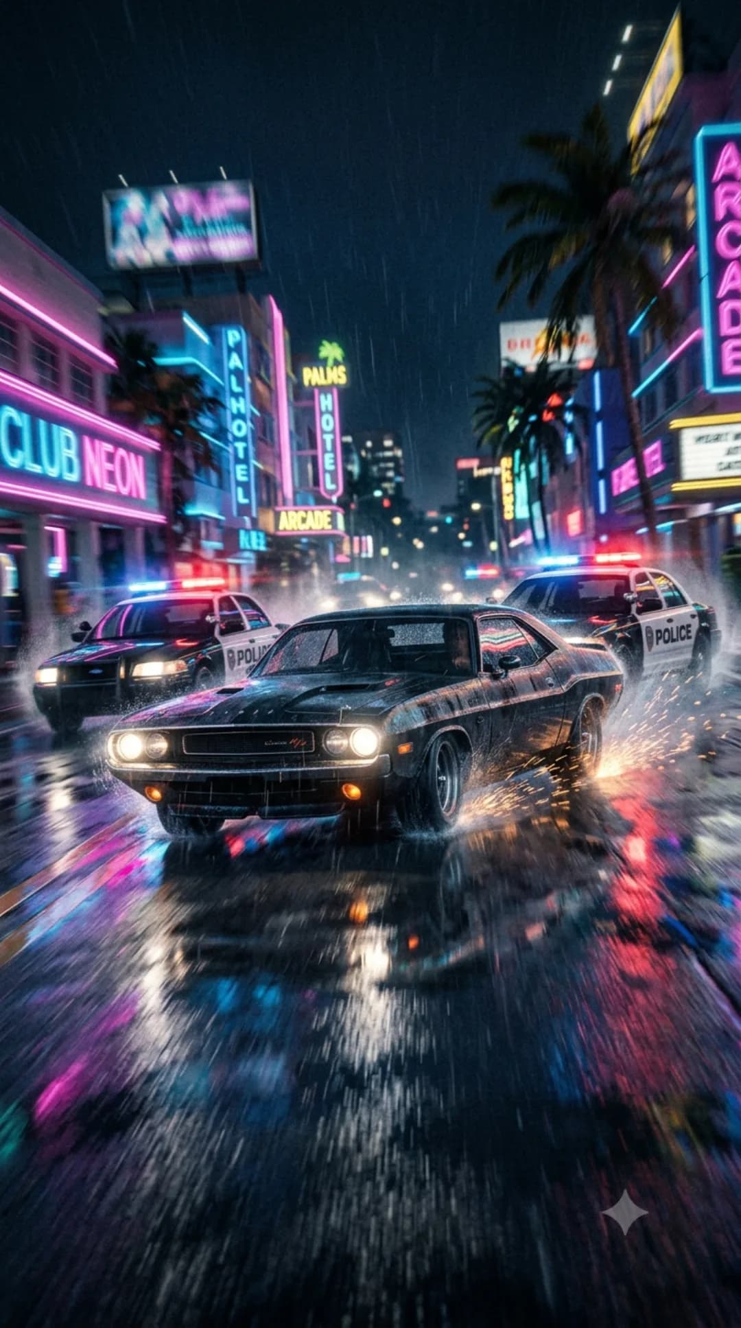 Course-poursuite nocturne sous la pluie, muscle car et voitures de police, néons, ambiance Vice City