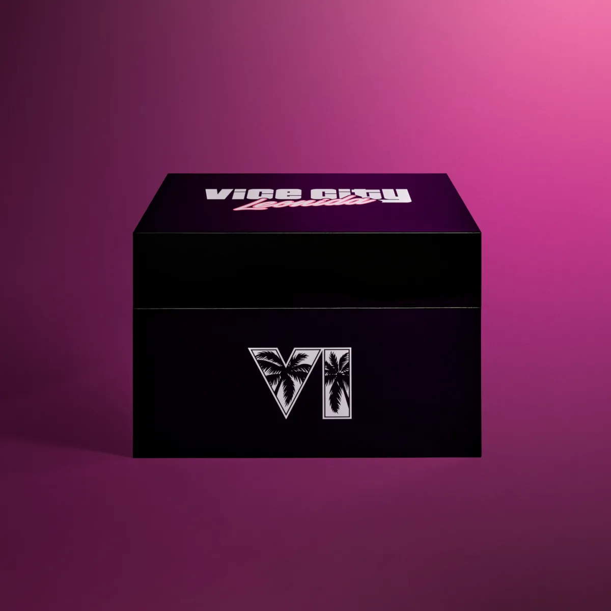 Coffret collector GTA 6 fermé, noir laqué, logo VI aux palmiers et Vice City Leonida