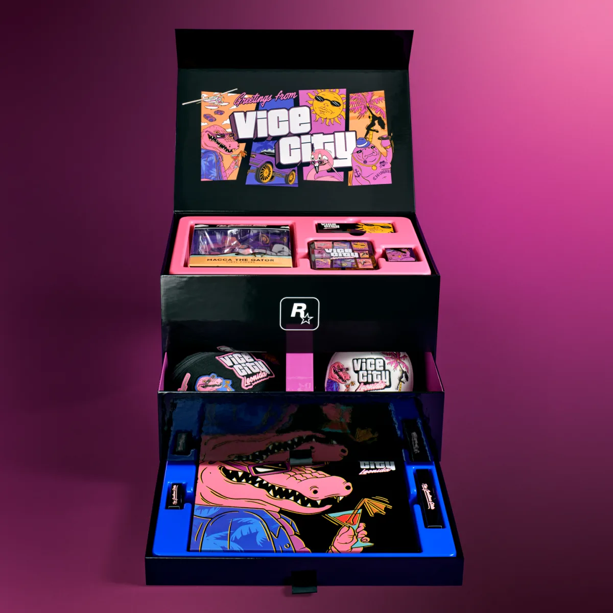 Coffret collector GTA 6 The Goodtime State ouvert : figurine Macca the Gator, pin's, casquette, verre Vice City et poster dans leurs tiroirs
