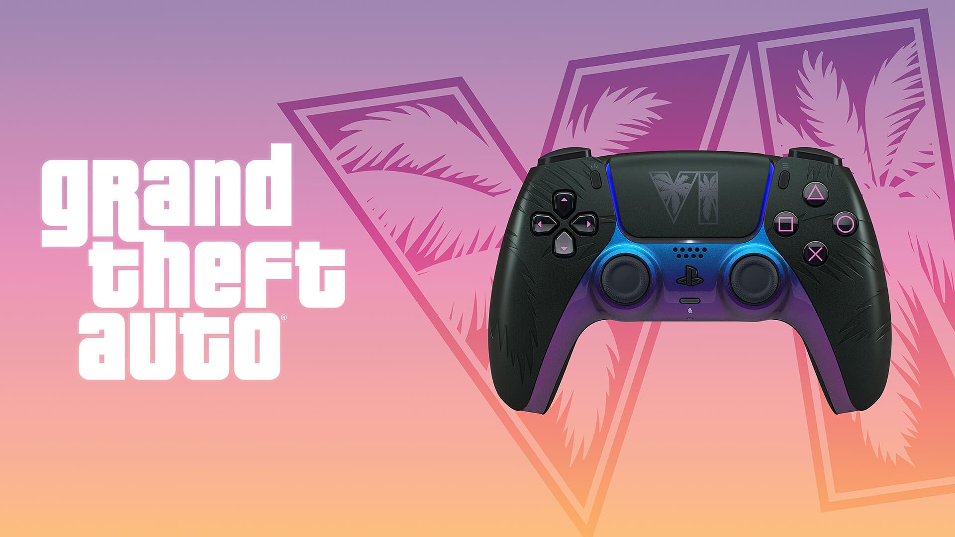 Manette DualSense GTA 6 édition limitée noire (Vice City), finish chromé violet, logo VI palmiers sur le touchpad