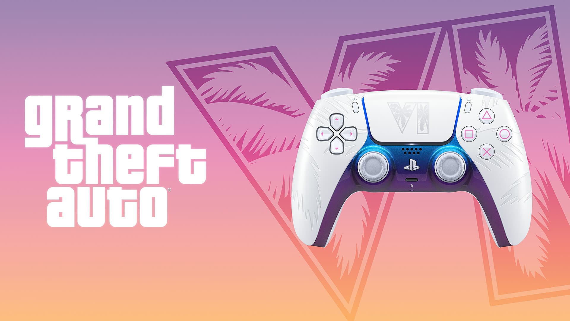 Manette DualSense GTA 6 édition limitée blanche (Vice City daybreak), finish chromé violet, logo VI palmiers sur le touchpad